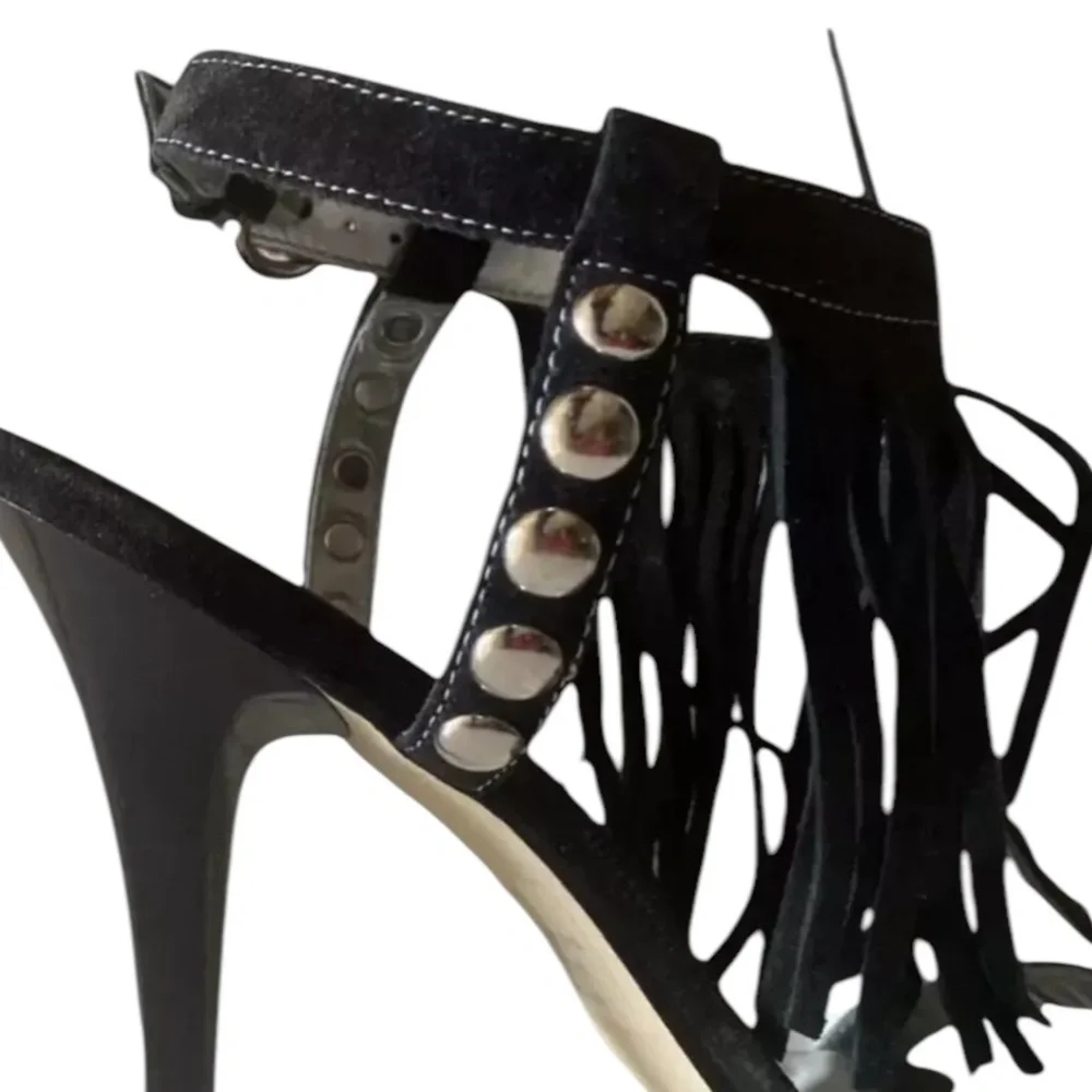 Guess Size 10 black Galiena Strappy heels with Fringe And Silver Studs